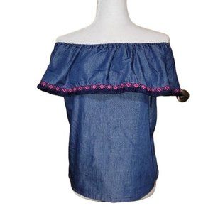 Signature Studio Women's Size Small Embroidered Denim Peasant Blouse Blue Pink
